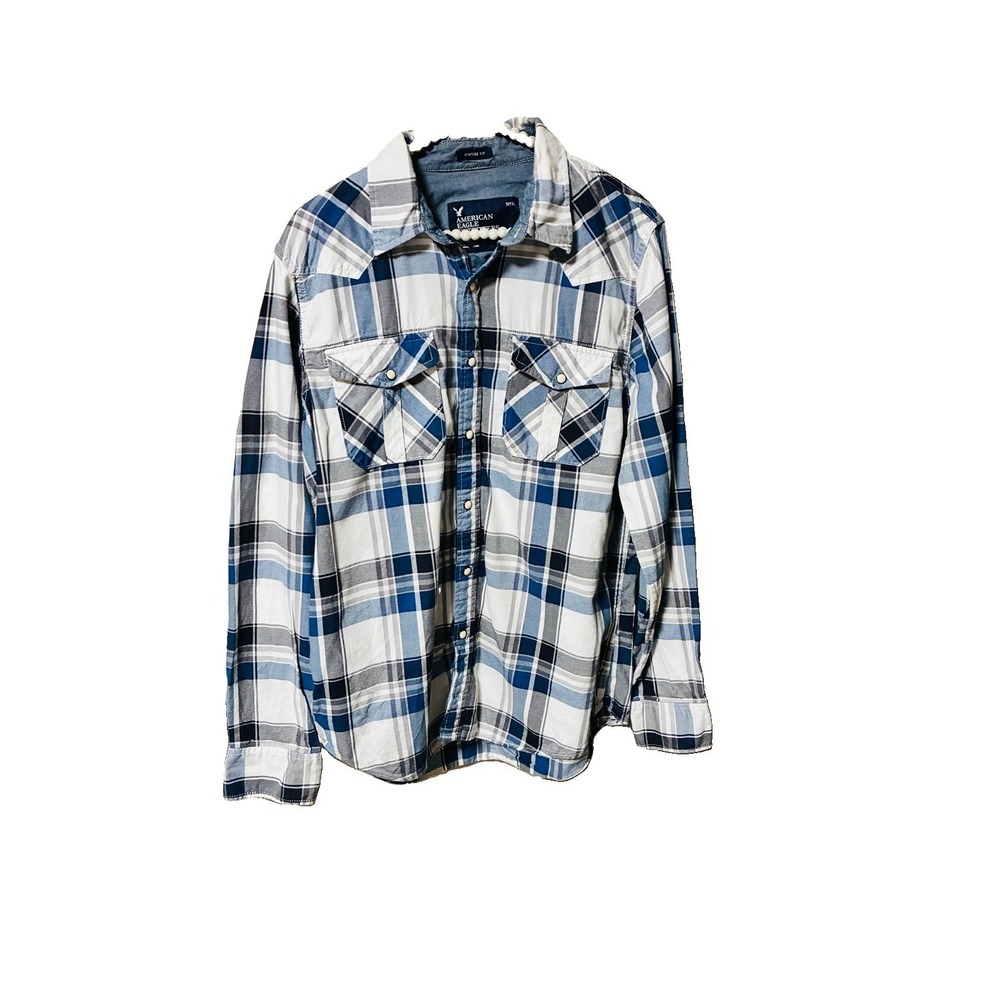 American Eagle Mens LG Blue Plaid Long Sleeve Button Down Vintage  Fit 22 P To P